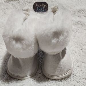 White Baby Booties with Faux Fur Trim